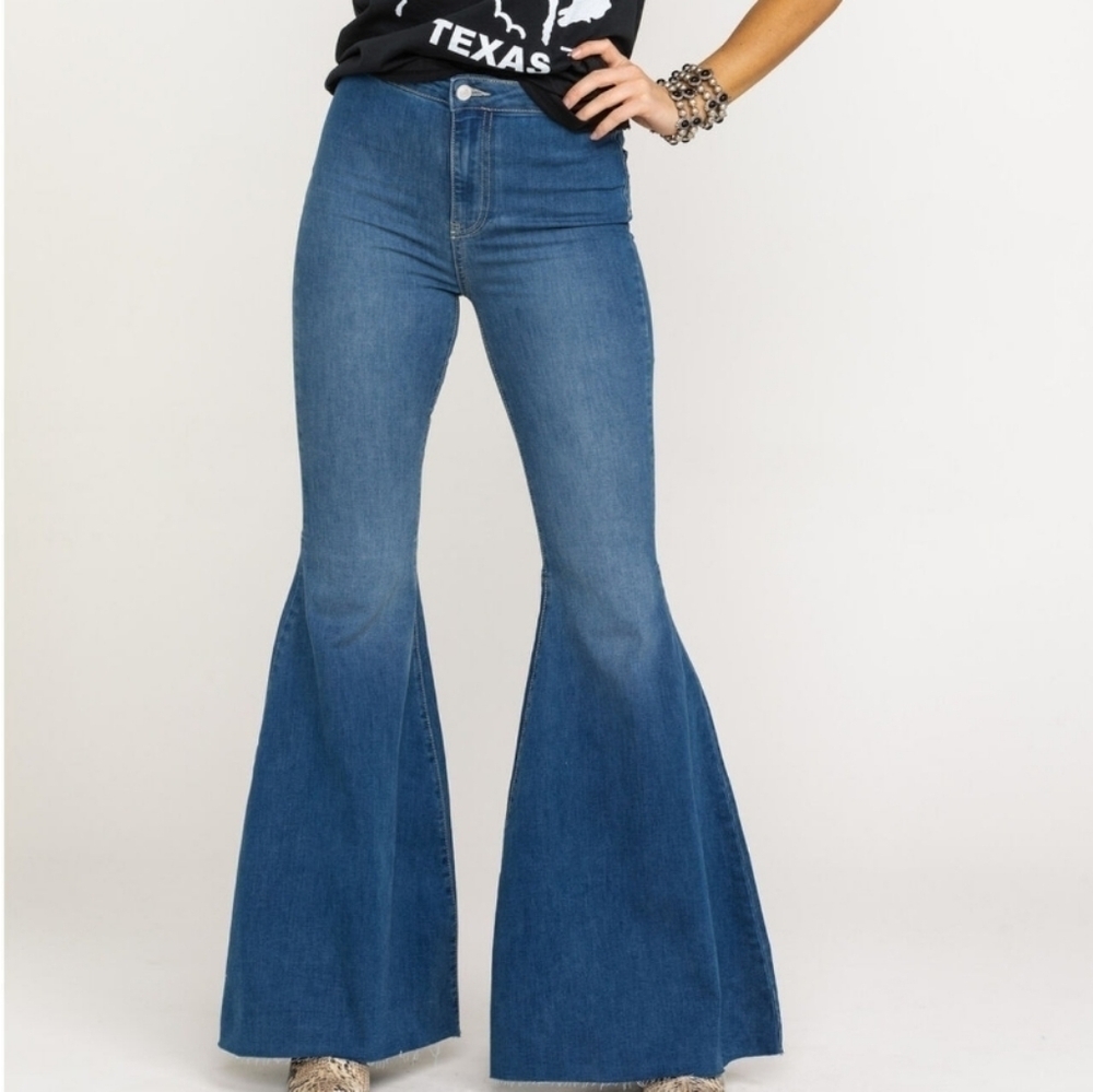 Free People Dark Blue High-Rise Just Float On Flare Raw Hem Jeans 28